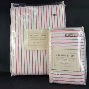 Columbine Cody Red Ticking Twin Coverlet Euro Pillow Sham Cottagecore Blanket Nw